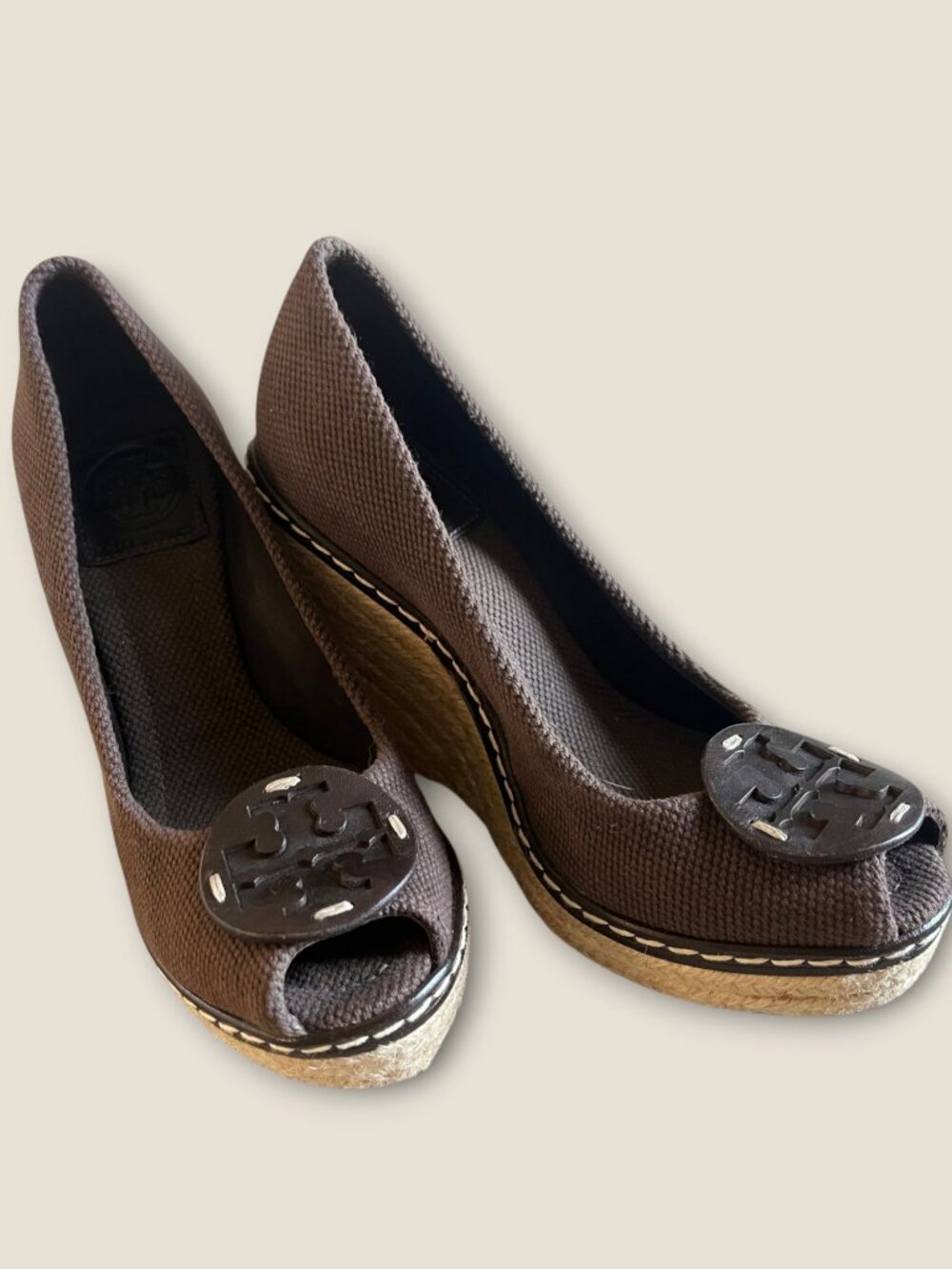 Tory Burch Canvas Peep-Toe Espadrille Wedge Pumps Brown